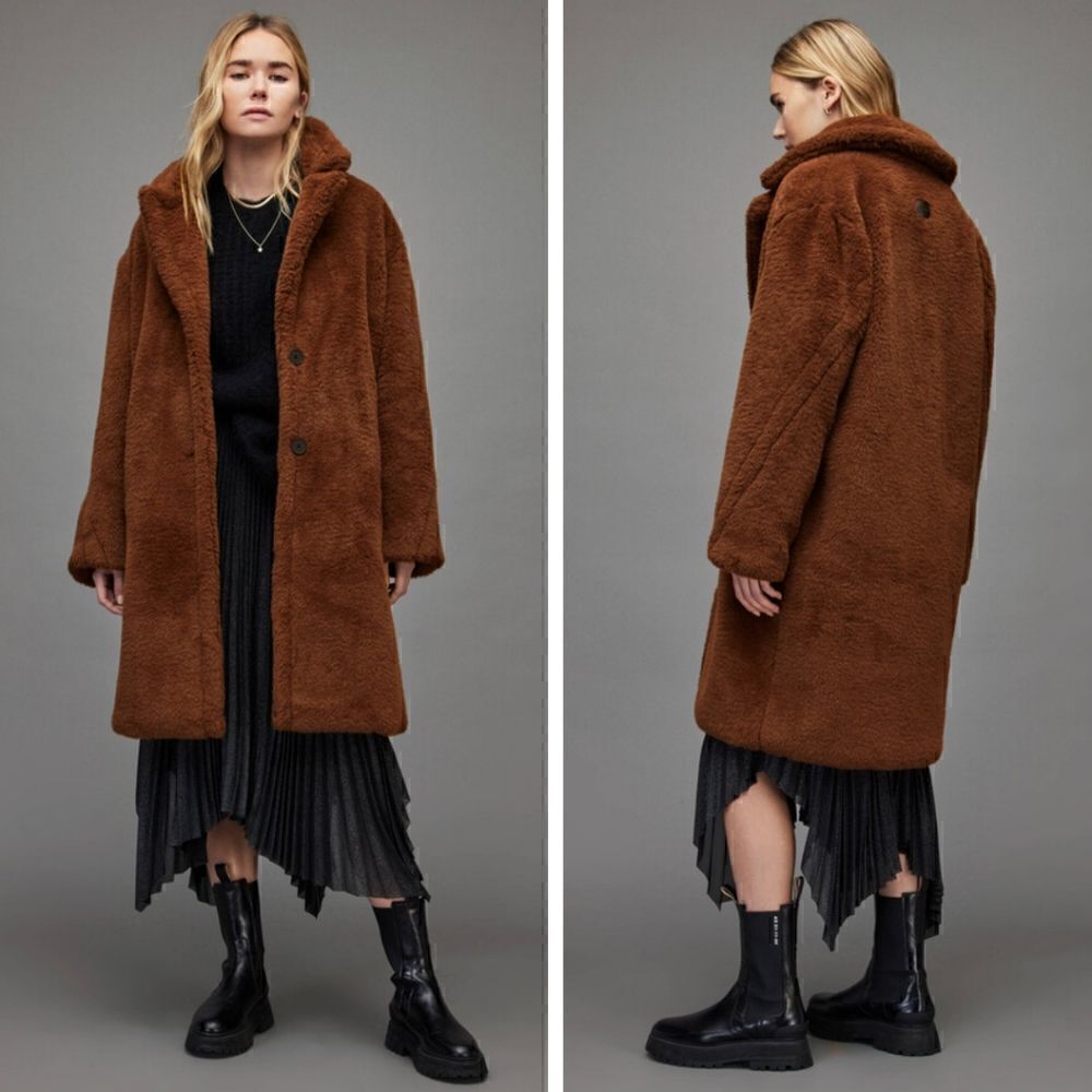 New! AllSaints Doria Faux Fur Double Breasted Oversized Long Winter Coat